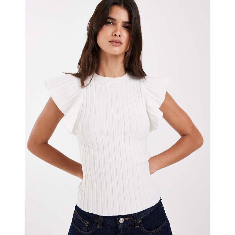 ASOS DESIGN knitted ribbed short sleeve tee in cream-White