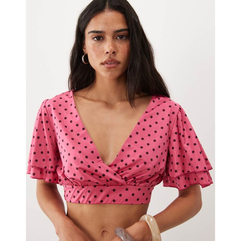 Miss Selfridge wrap frill sleeve top co-ord in pink polka dot