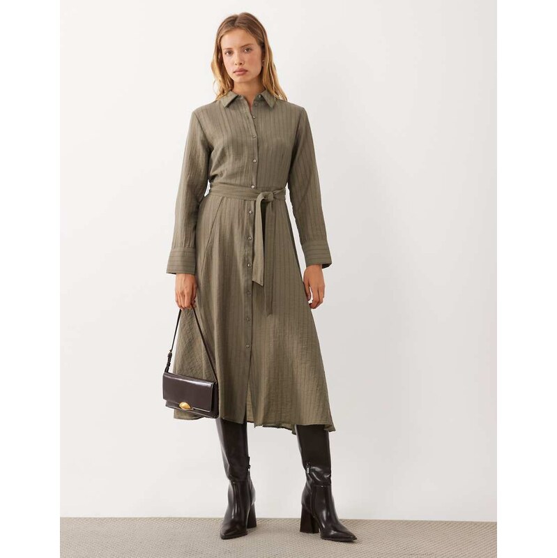 Mango tie waist shirt midi dress in green stripe