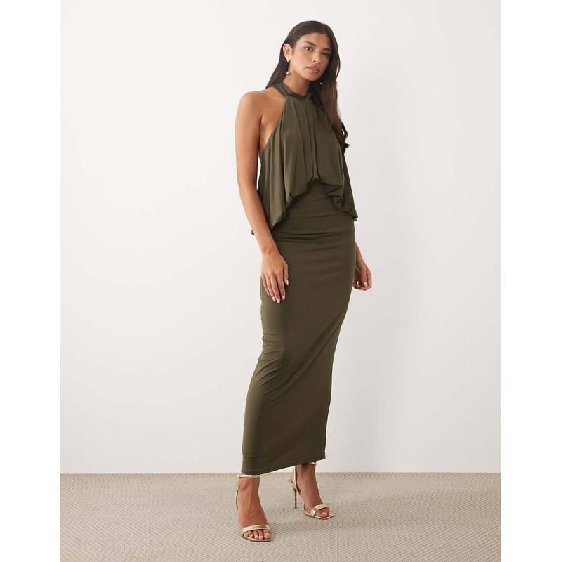 TFNC slinky high neck halter detail open back maxi dress in