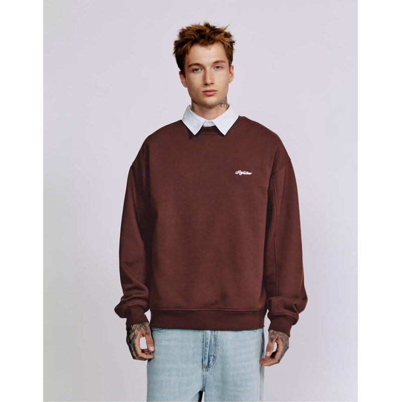 Pull&Bear Embroidered round neck sweatshirt in brown