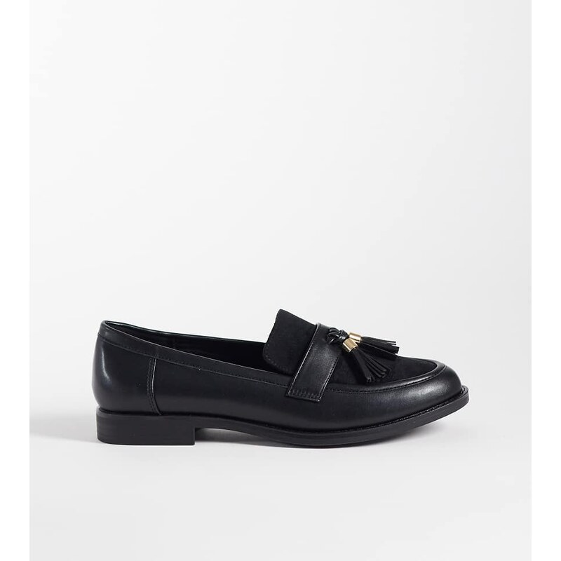 London Rebel Wide Fit Amber tassel penny loafers in black