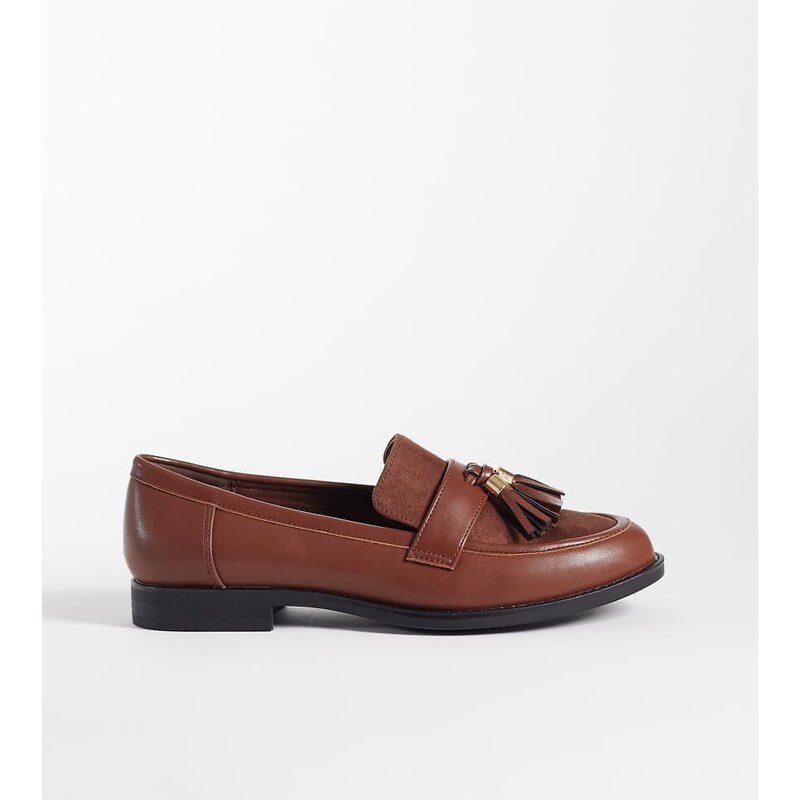 London Rebel Wide Fit Amber tassel penny loafers in brown