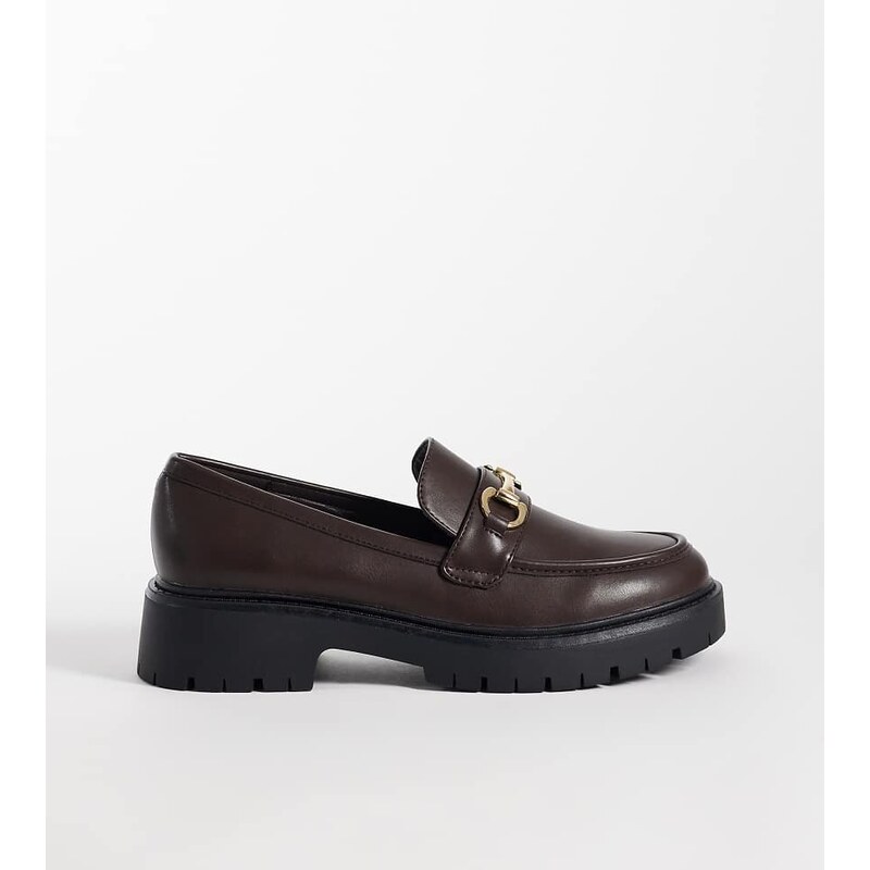 London Rebel Wide Fit Peggy metal trim chunky loafers in brown