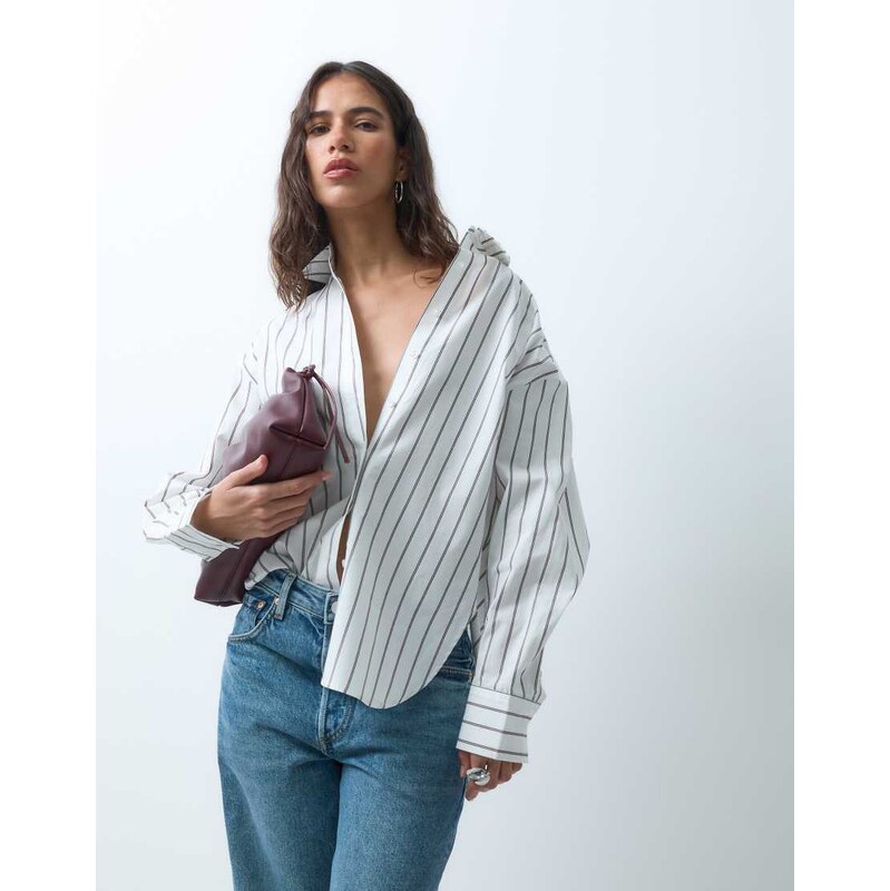 ASOS DESIGN dipped hem oversized shirt in beige stripe-Brown