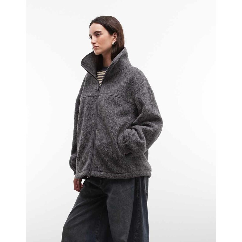 Weekday oversized funnel neck zip borg fleece in dark grey