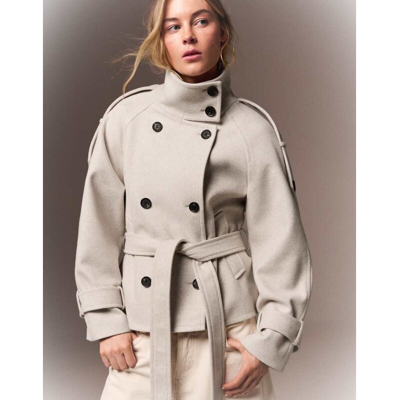 Bershka Funnel neck trench jacket in beige-Neutral