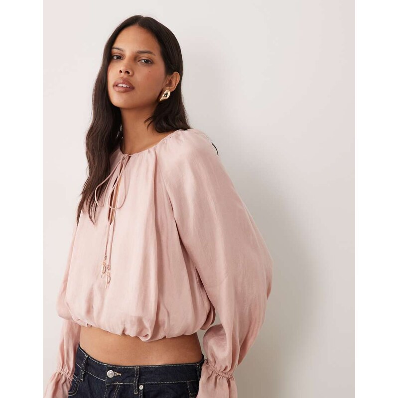 Mango v neck long sleeve blouse in pastel pink
