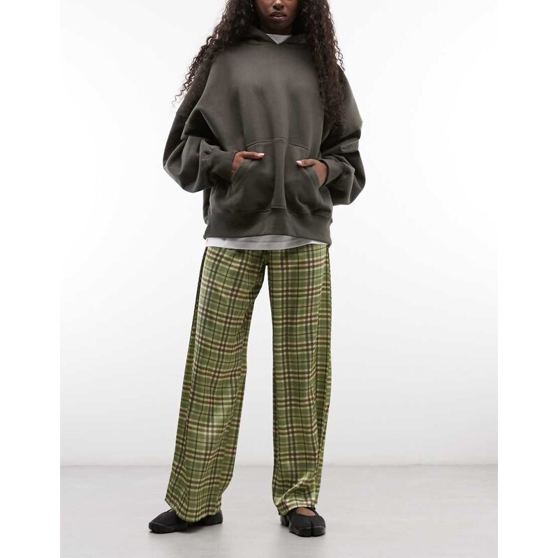 Reclaimed vintage satin wide leg trouser in green check-Multi