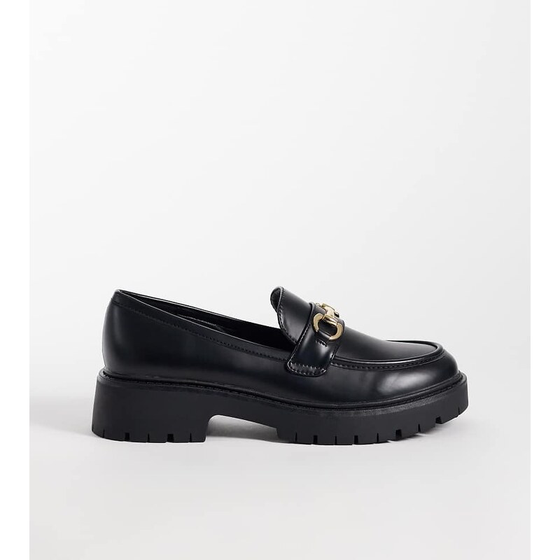 London Rebel Wide Fit Peggy metal trim chunky loafers in black