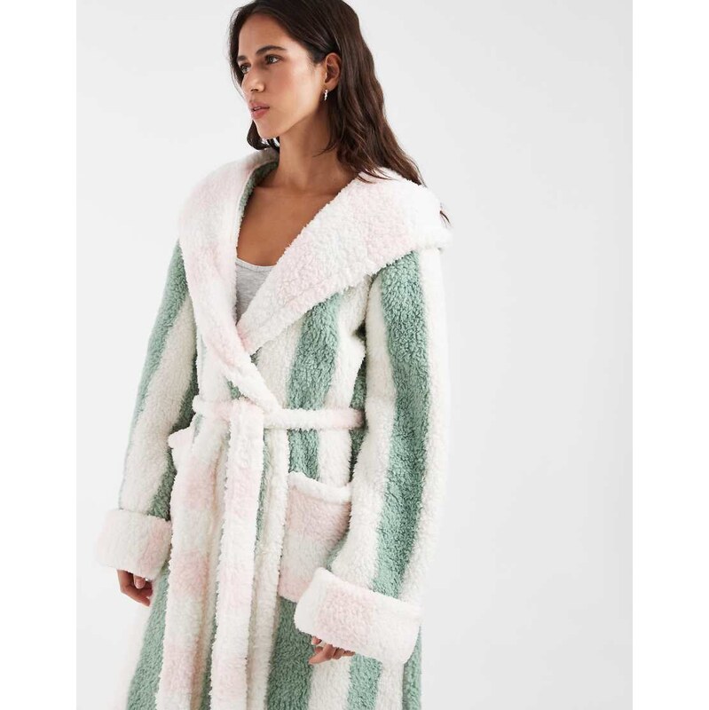 Loungeable cosy hooded midi robe in pink and green stripe