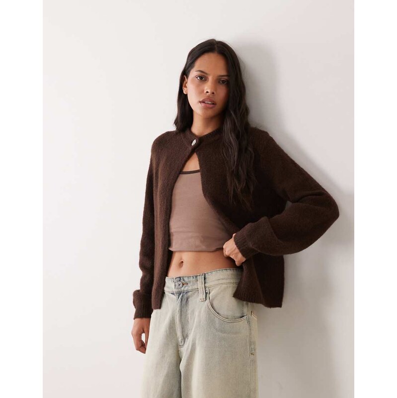 YAS knitted jumper with single hammered button in chocolate