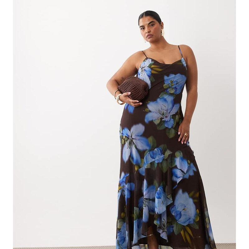 TFNC Plus chiffon cami drape back maxi dress in black floral