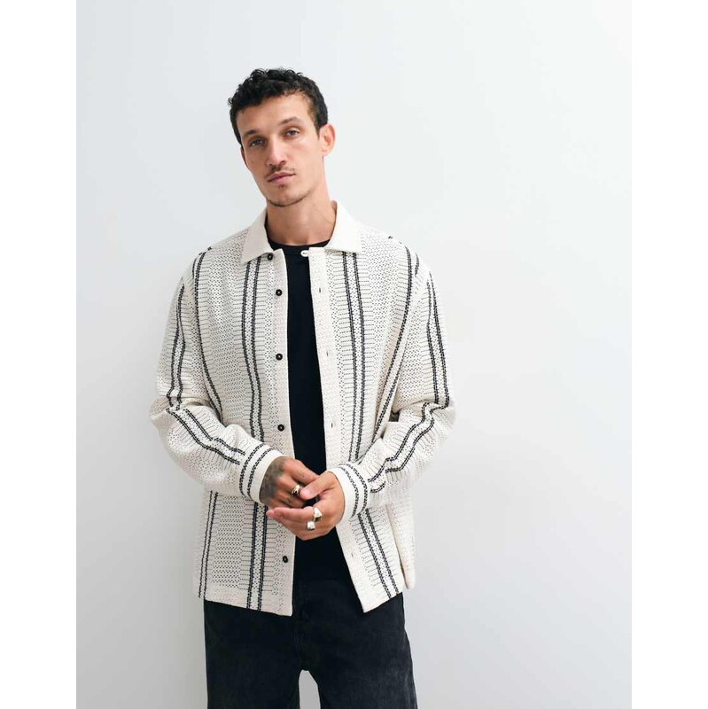 ASOS DESIGN relaxed crochet stripe shirt with placket detail in