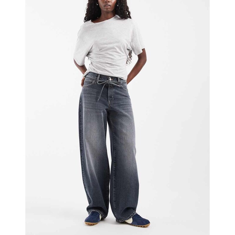 ONLY Gianna tie waist straight leg jeans in blue grey denim