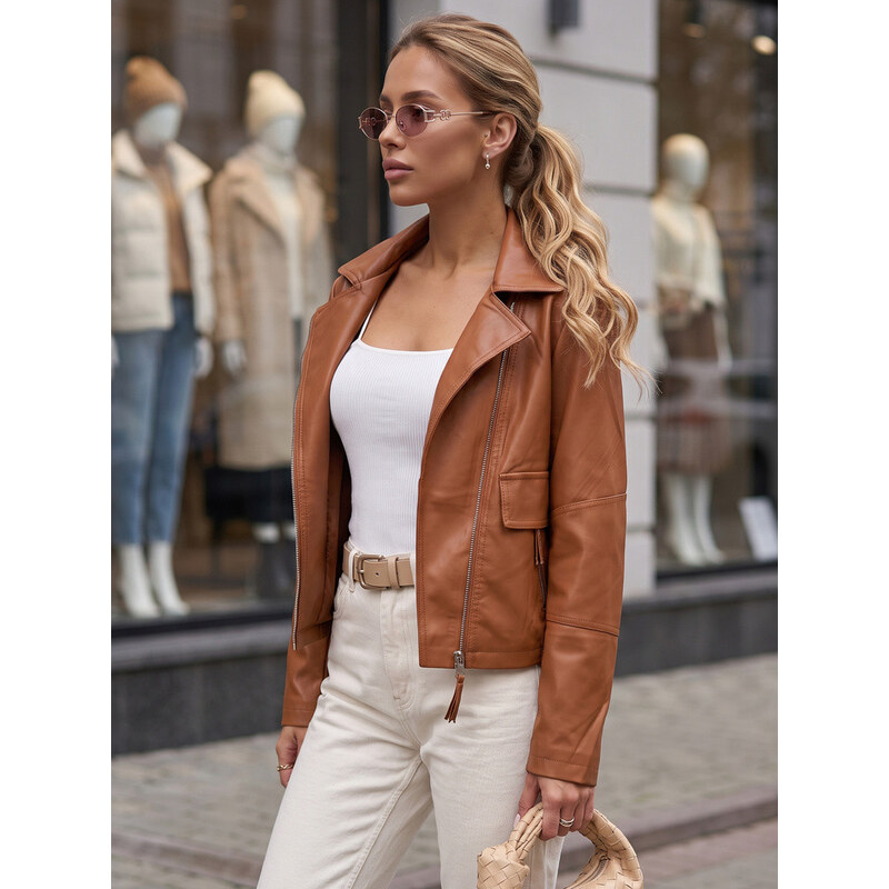 Dámská hnědá kožená bunda ve stylu Ramones od FashionStreet