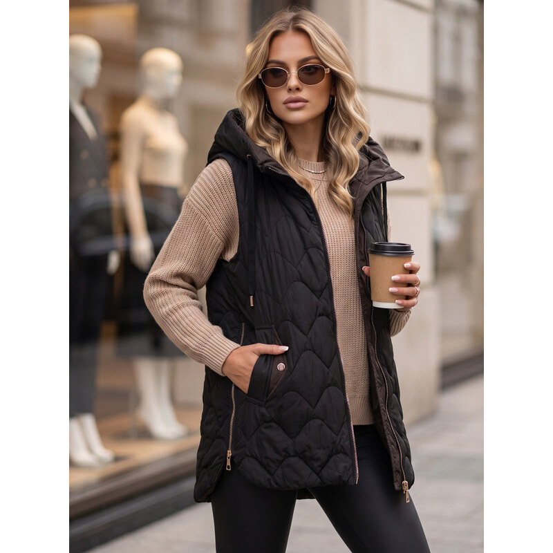 Dámská dlouhá prošívaná vesta s kapucí, černá, FashionStreet