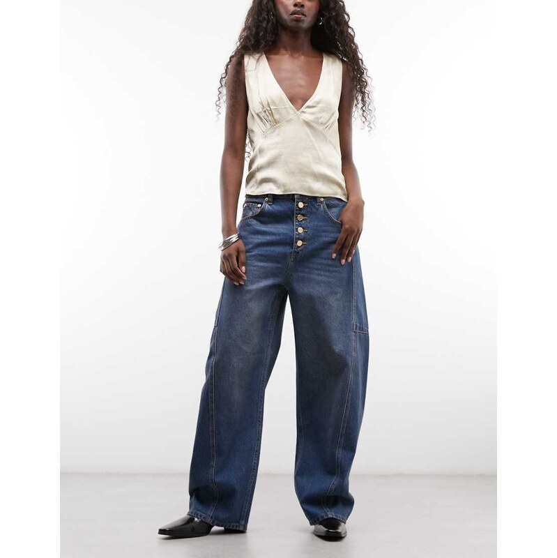 AllSaints Carter button barrel leg denim jeans in mid wash blue
