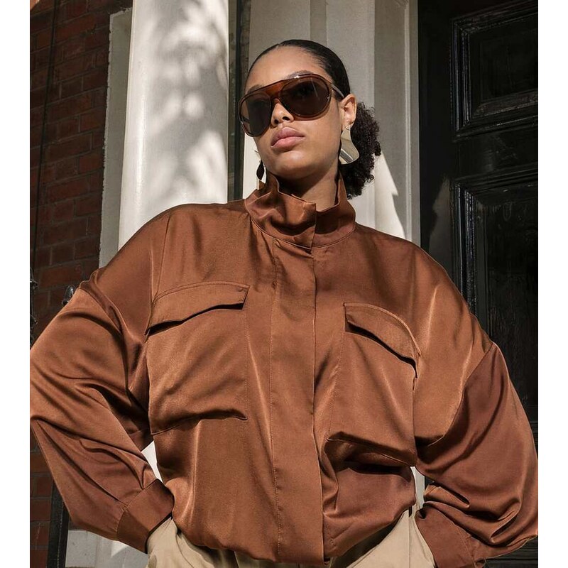 ASOS Curve ASOS DESIGN Curve satin windbreaker in chocolate