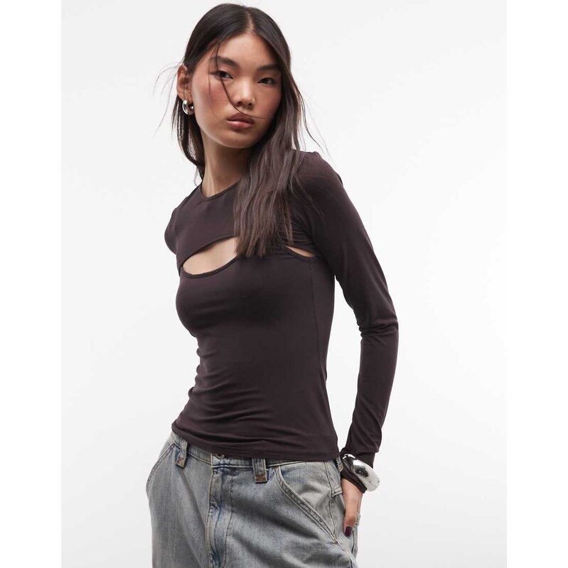 Monki 2-in-1 layered long sleeve top in dark brown