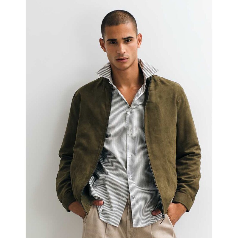 Mango faux suede high neck jacket in khaki-Green