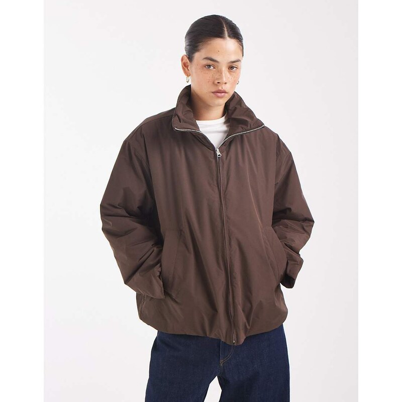 Pieces funnel neck padded jacket with toggle trim in brown