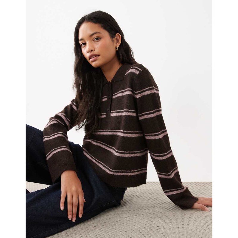 AWARE hairy yarn knitted rugby polo style jumper in chocolate