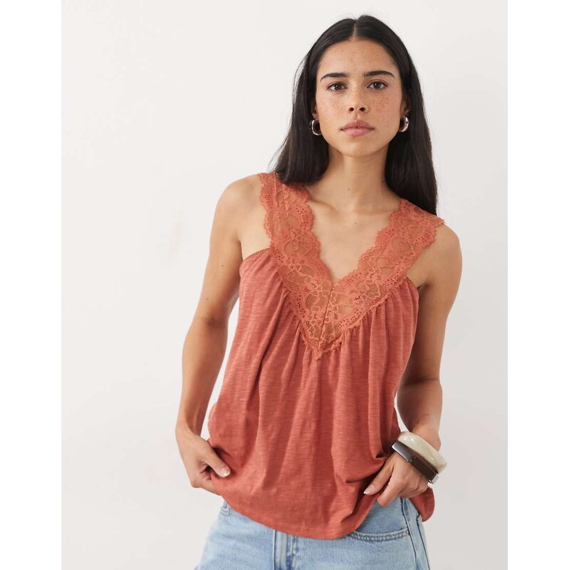 Miss Selfridge v-neck cami top with picot trim in red