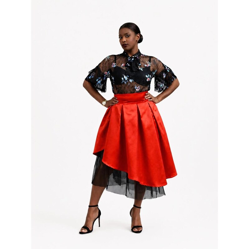 BIBI SAKALIEVA Sukně Red Pleated Midi Skirt with Asymmetric