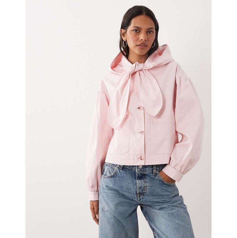 Miss Selfridge short mac with tie neck netail and hood-Pink