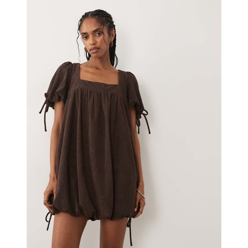 ASOS DESIGN cord square neck bubble mini dress in chocolate plum