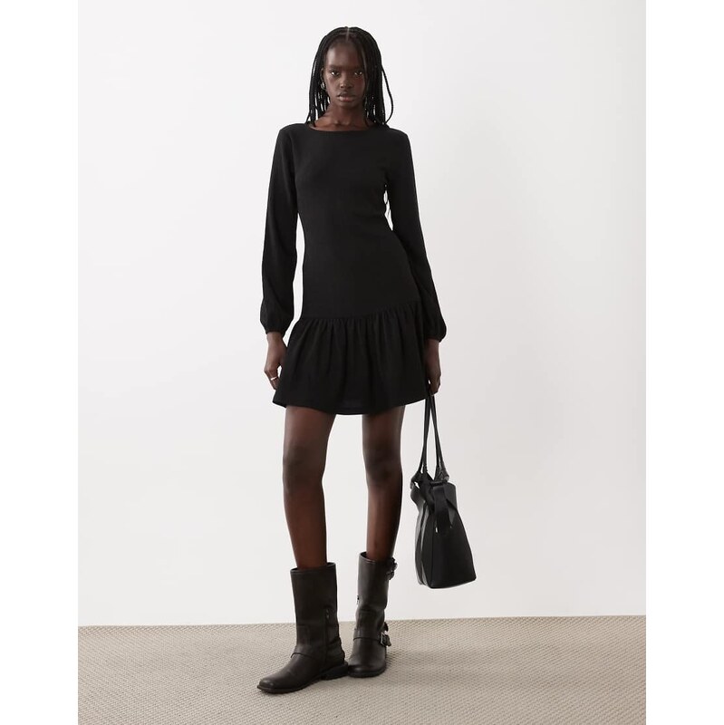 New Look long sleeve frill hem mini dress in black