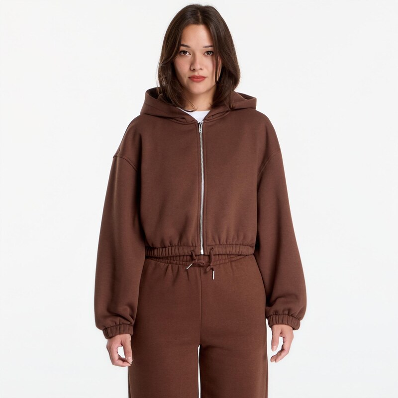 Mikina Urban Classics Fluffy Cropped Zip Hoodie Chocolate Brown