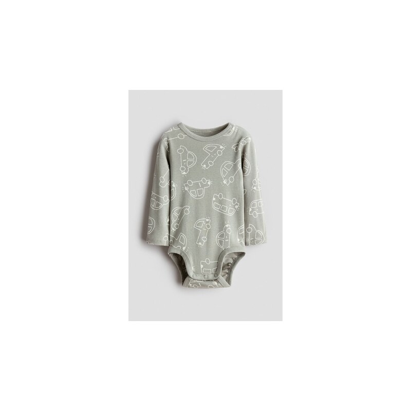 H&M - Printed cotton bodysuit - Světle Zelená Khaki/Autíčka