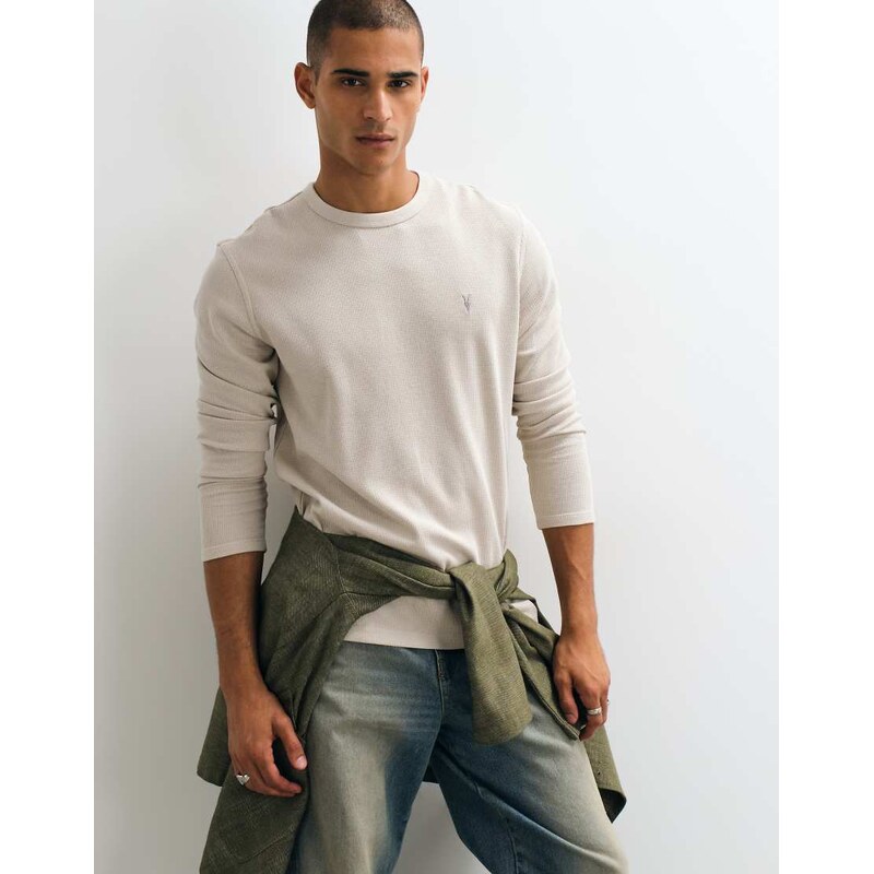 AllSaints Ellis long sleeve waffle logo t-shirt in beige-Neutral