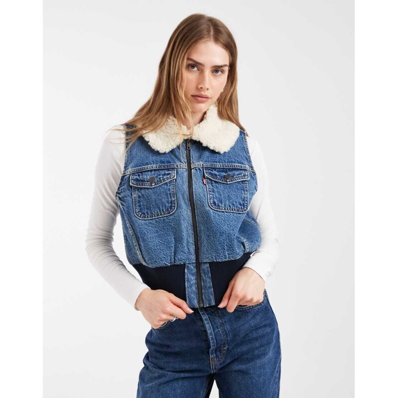Levis cropped denim zip though vest with borg collar in blue