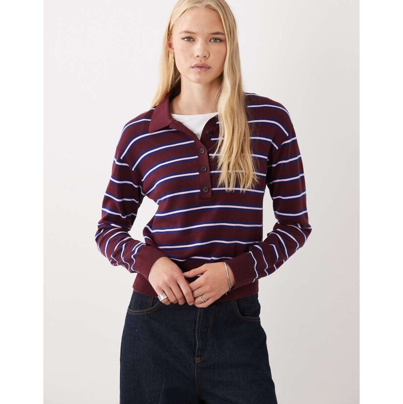 ARKET merino polo jumper in red stripe-Pink