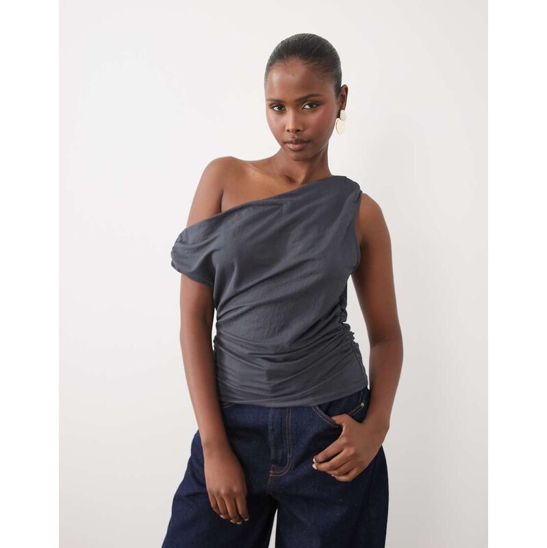 ASOS DESIGN linen look asymmetric cowl neck top in charcoal-Grey