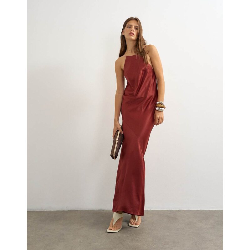 Topshop satin bias halter neck open scoop back maxi dress in