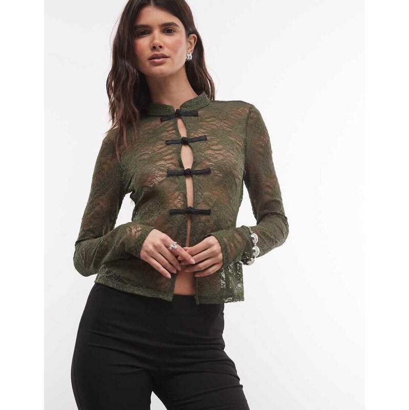 ASOS DESIGN long sleeve lace collar mandarin top in khaki-Green