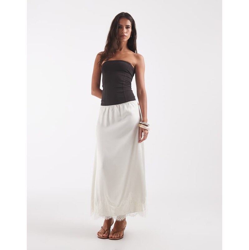 ONLY lace trim satin midi skirt in white