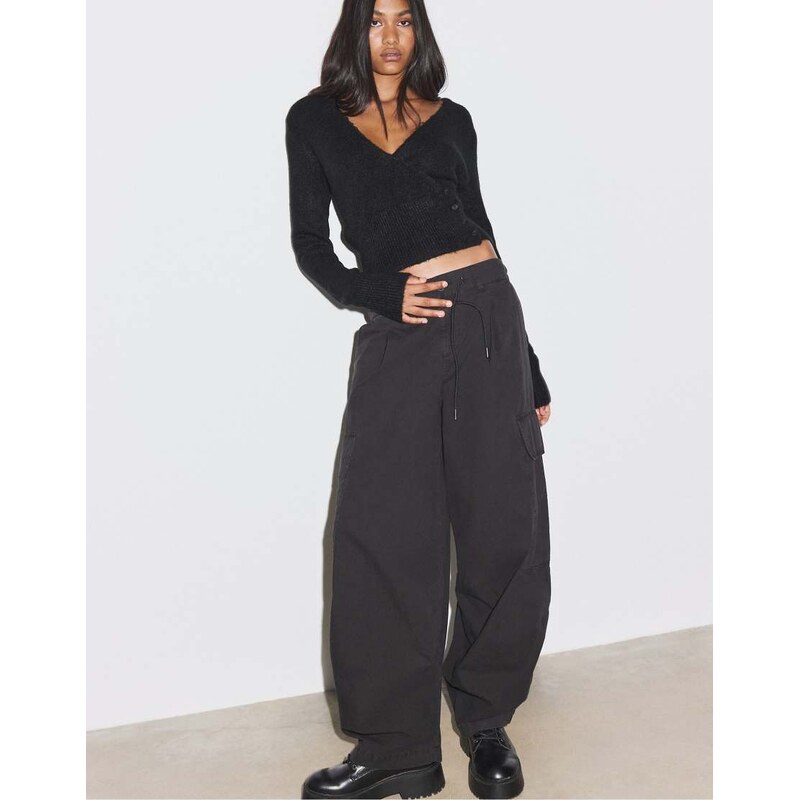Stradivarius Button-up wrap knit cardigan in black