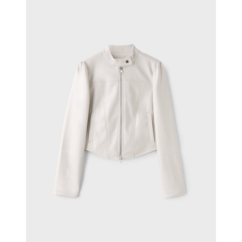 Stradivarius Cropped leather effect biker jacket in ecru-White
