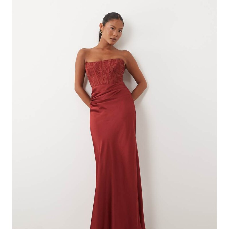 Forever New Petite lace corset drape detail satin maxi dress in
