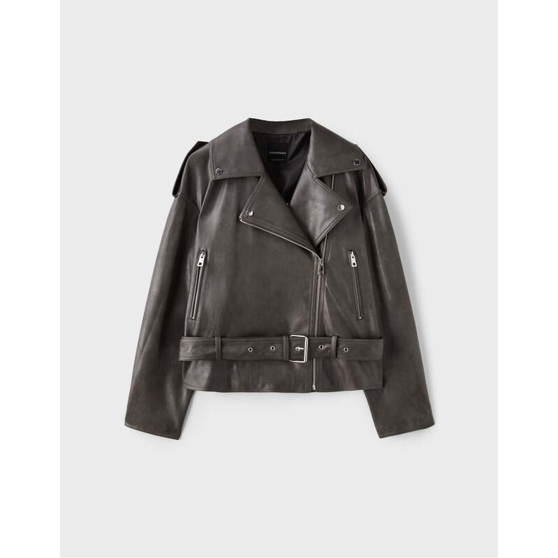 Stradivarius Leather effect biker jacket with belt in dark grey