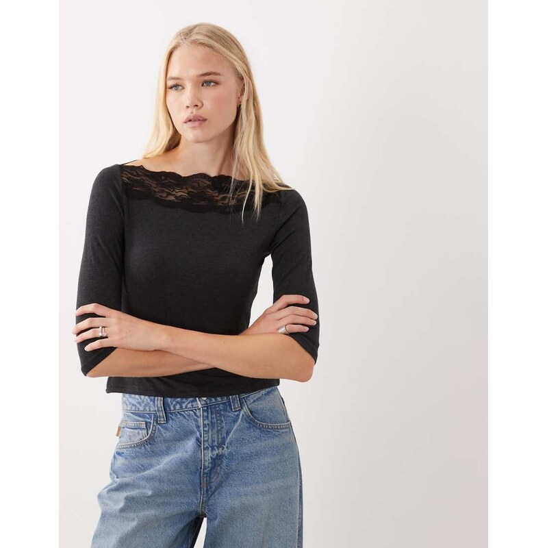 ASOS DESIGN off shoulder with lace trim long sleeve top in black