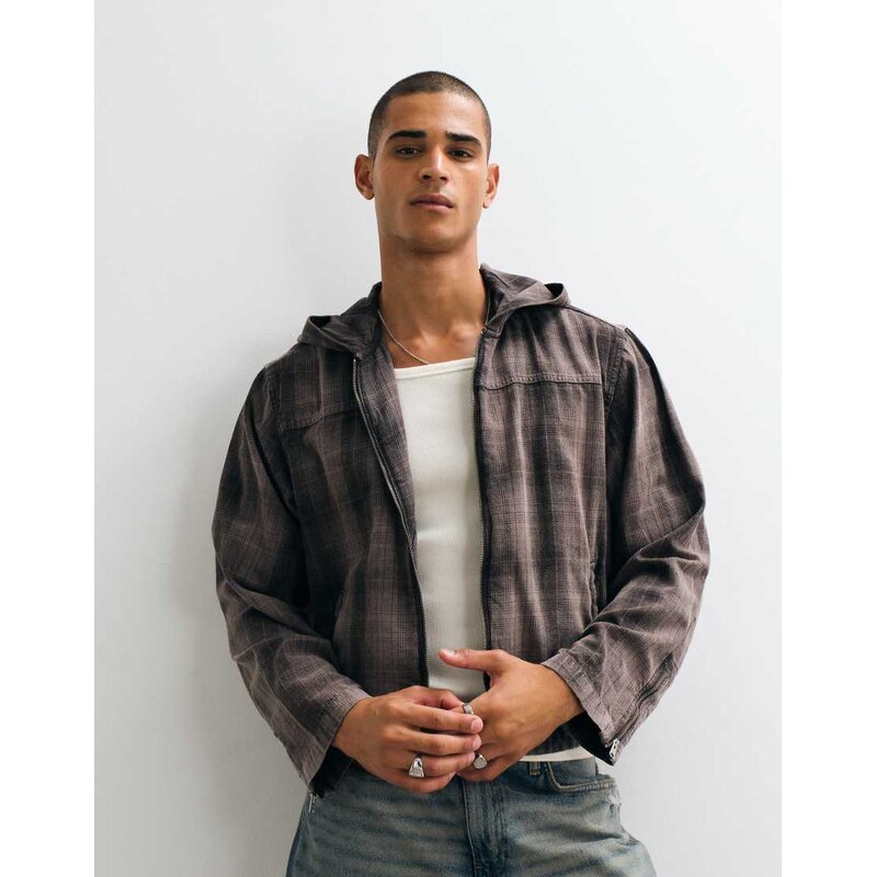 AllSaints Santos long sleeve check zip through hooded shacket in