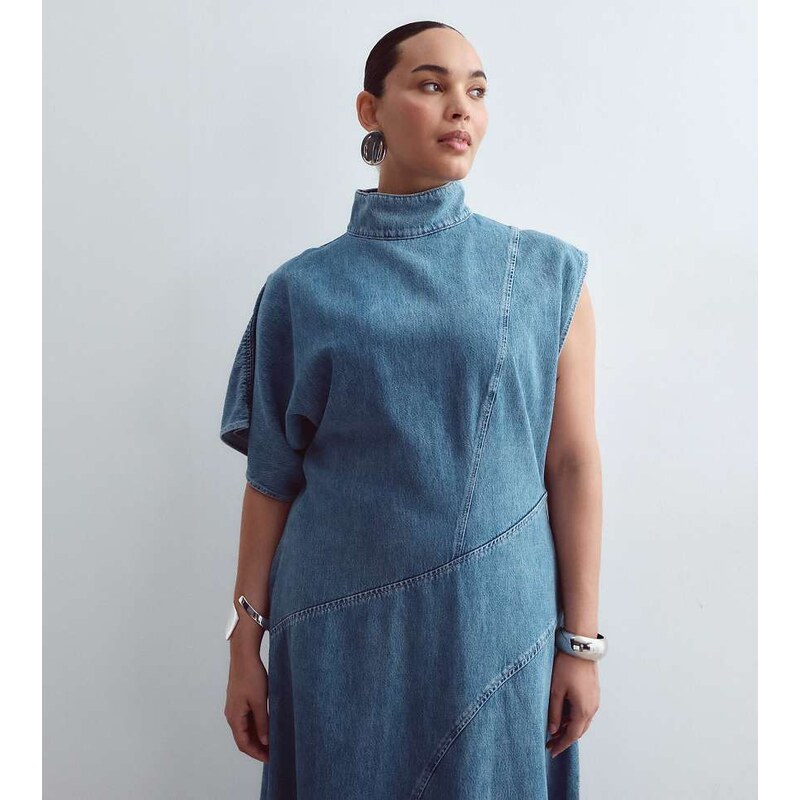 ARRANGE Curve seam detail denim maxi dress in mid wash blue