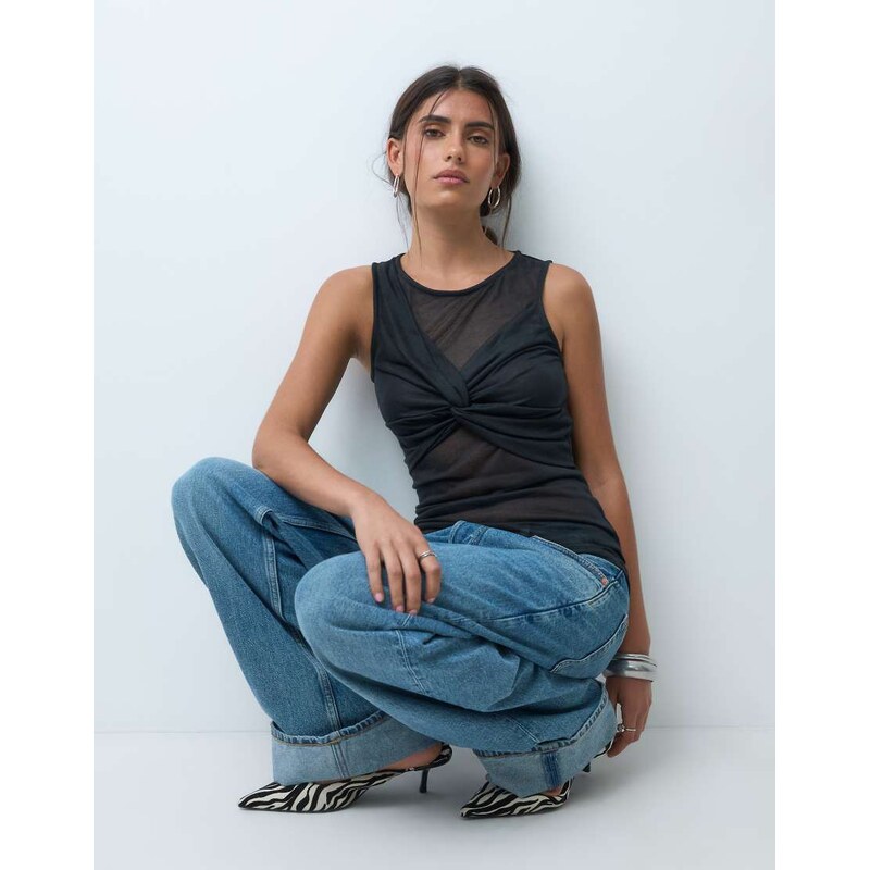 ASOS DESIGN soft semi sheer tank with ruched bust overlay in