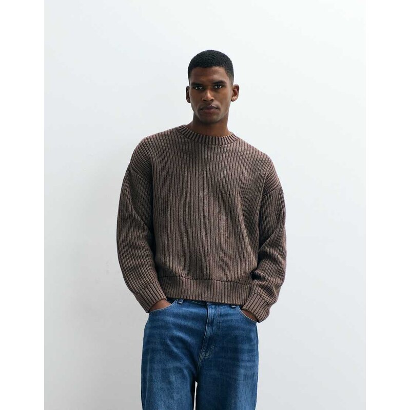 Cotton On box fit crew knit in washed coffee-Brown